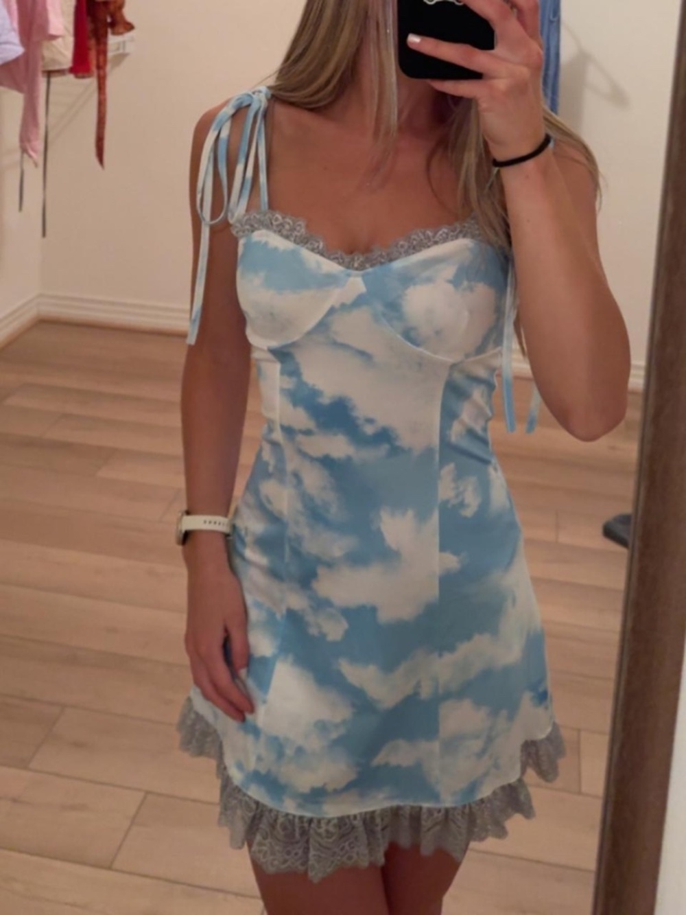 Cloud Print Mini Dress with Lace Trim and Adjustable Straps